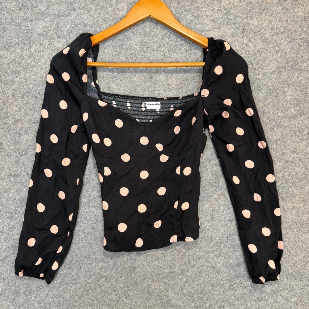 Reformation Polkadot Corset Top Womens XS 2 Black‎ Pink Sweetheart Ruched Zip